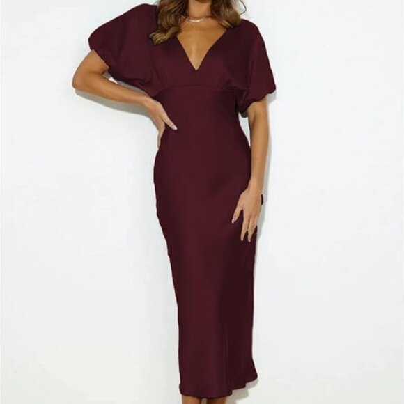 🍷 NWT Satin Midi Dress ✨ Open Back V-Neck Formal Gown | L - Picture 2 of 4